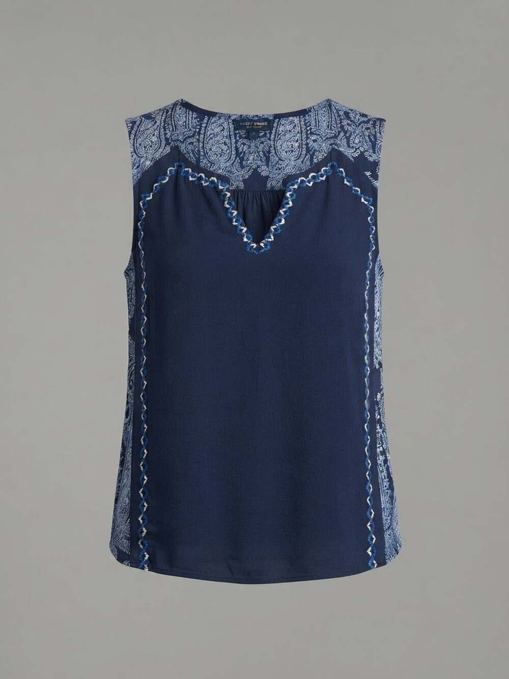Lucky Brand Navy Blue Paisley Print Sleeveless V-Neck Embroidered Top large